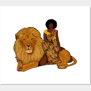 Proud African Afro Woman with Lion and Kente Pattern Posters and Art